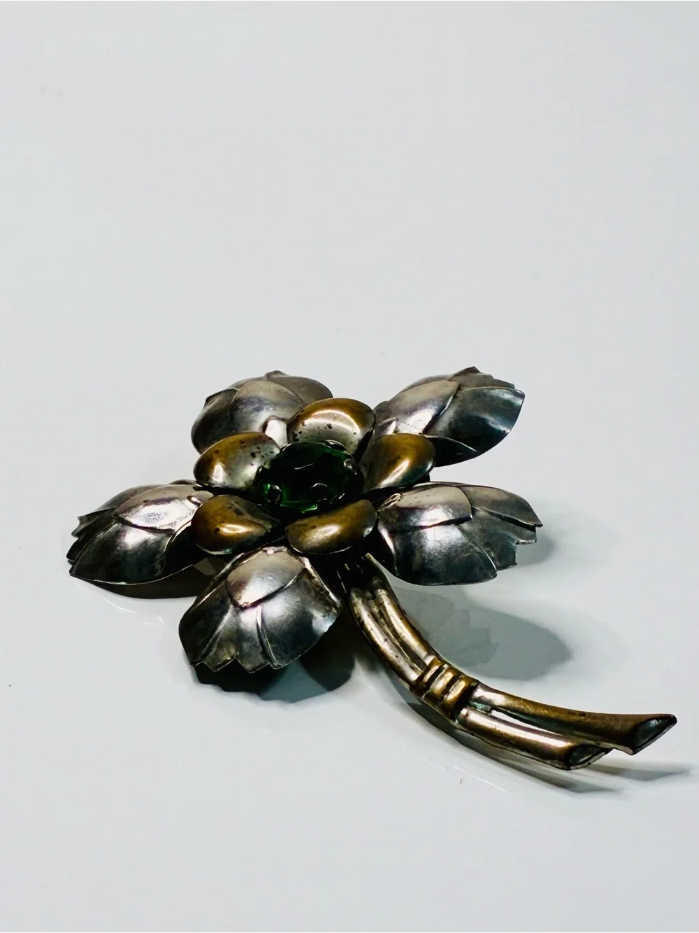 Vintage Estate Heirloom Flower Brooch with Green Glass Center